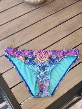La Blanca Turquoise Bikini Bottom with Multicolor Paisley Waistband